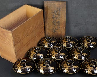 Antica ciotola Owan Miso Tazze in legno laccato Giappone Maki-e art 1833