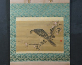 Antique Japan falconry painting Ume-Taka 1700s Edo Tadashi Kiyasu art