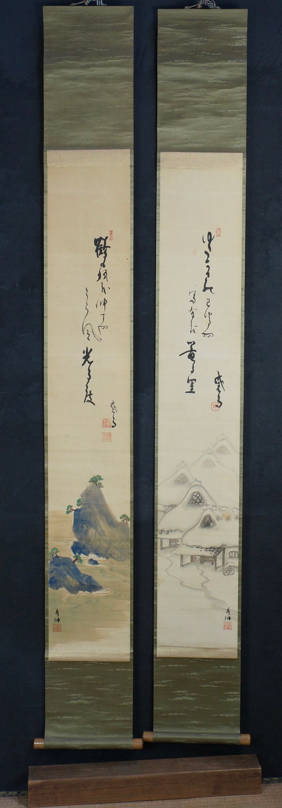 Antique Japan Ink Zen Twin Scrolls Landscape 1900 sumi-e Art