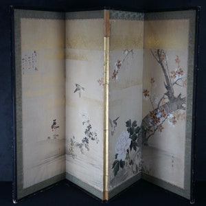 Antique Japan folding screen painting small Byobu hand craft 1880
