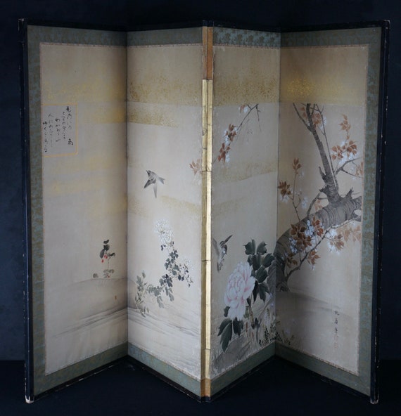 Antique Japan Folding Screen Painting Small Byobu Hand Craft Etsy