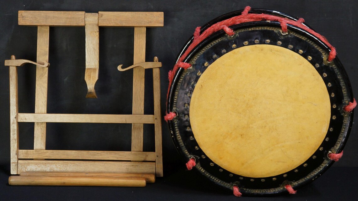 Antique Japan drum Shime-Taiko Noh theater 1880s music instrument, foto 4 di 5