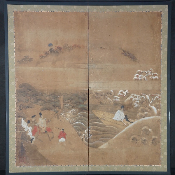 Antique Japan Genji-monogatari Byobu wind screen painting 1680s watercolor panel