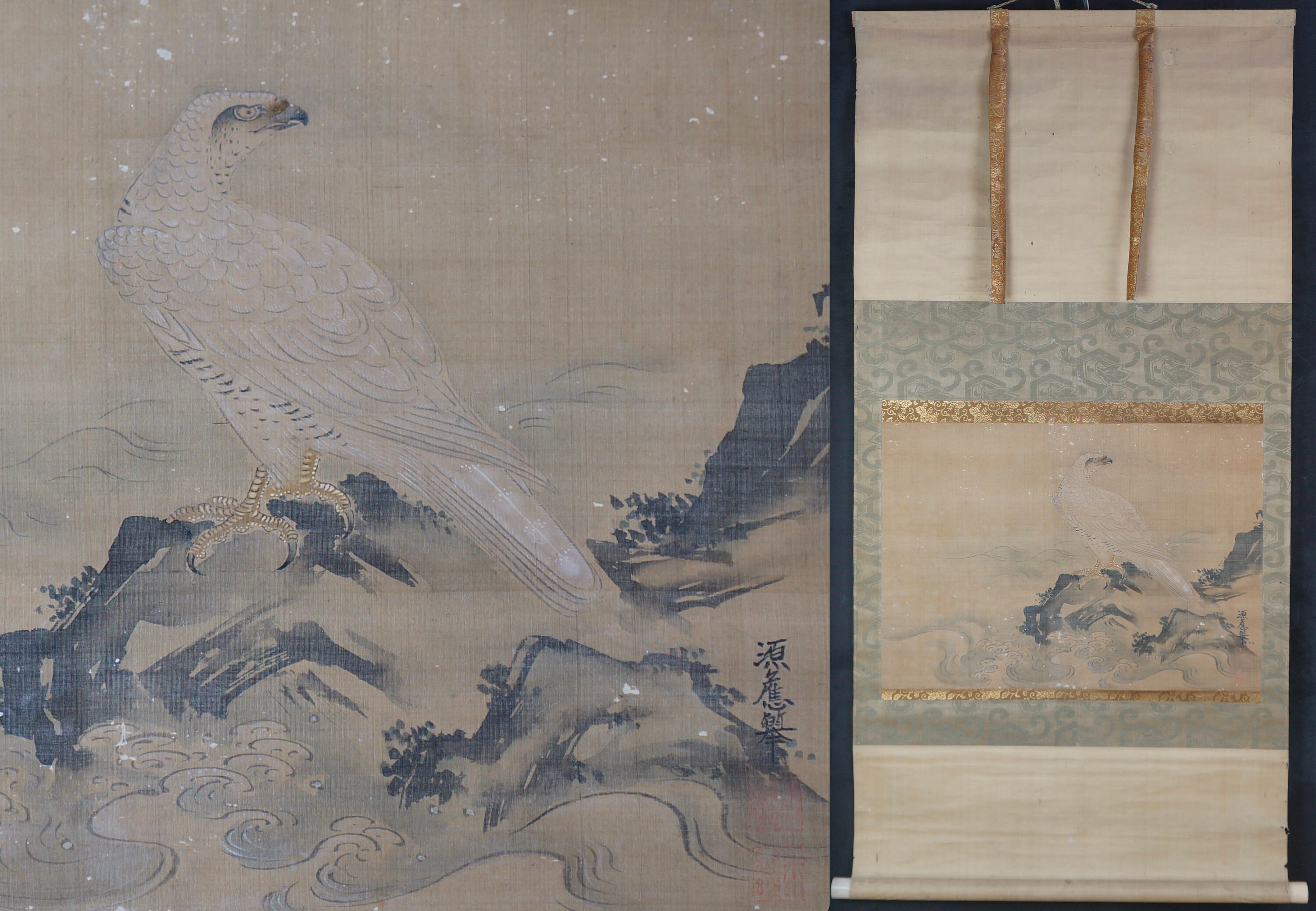 Edo 463 Antique Japan Falconry Painting Shiro-taka 1800s Edo Takagari Ryoshige ...