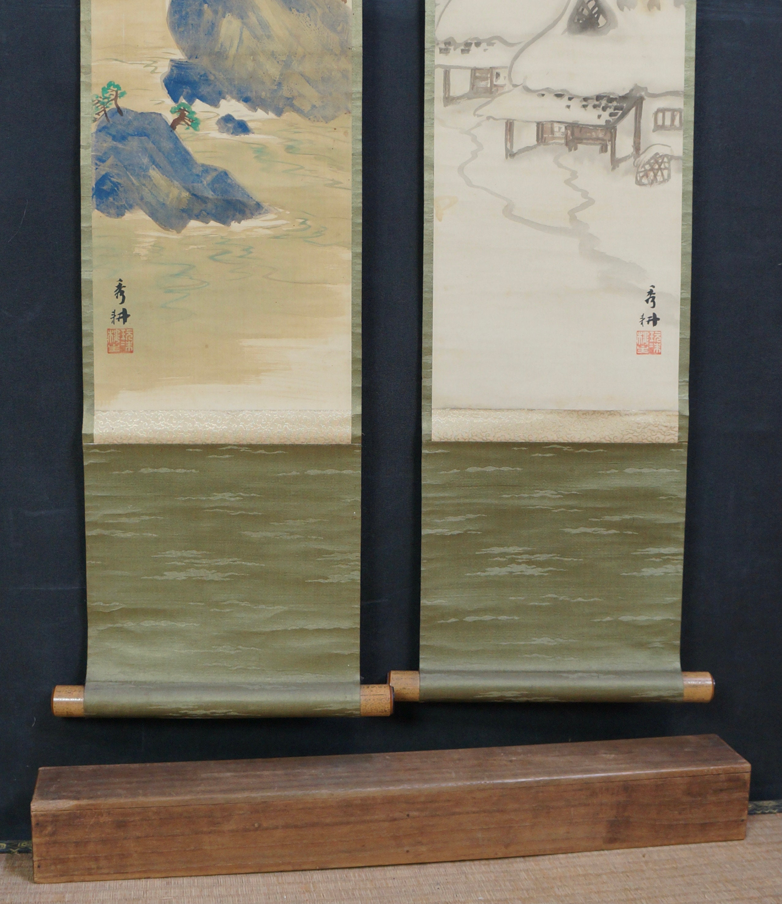 Antique Japan Ink Zen Twin Scrolls Landscape 1900 sumi-e Art