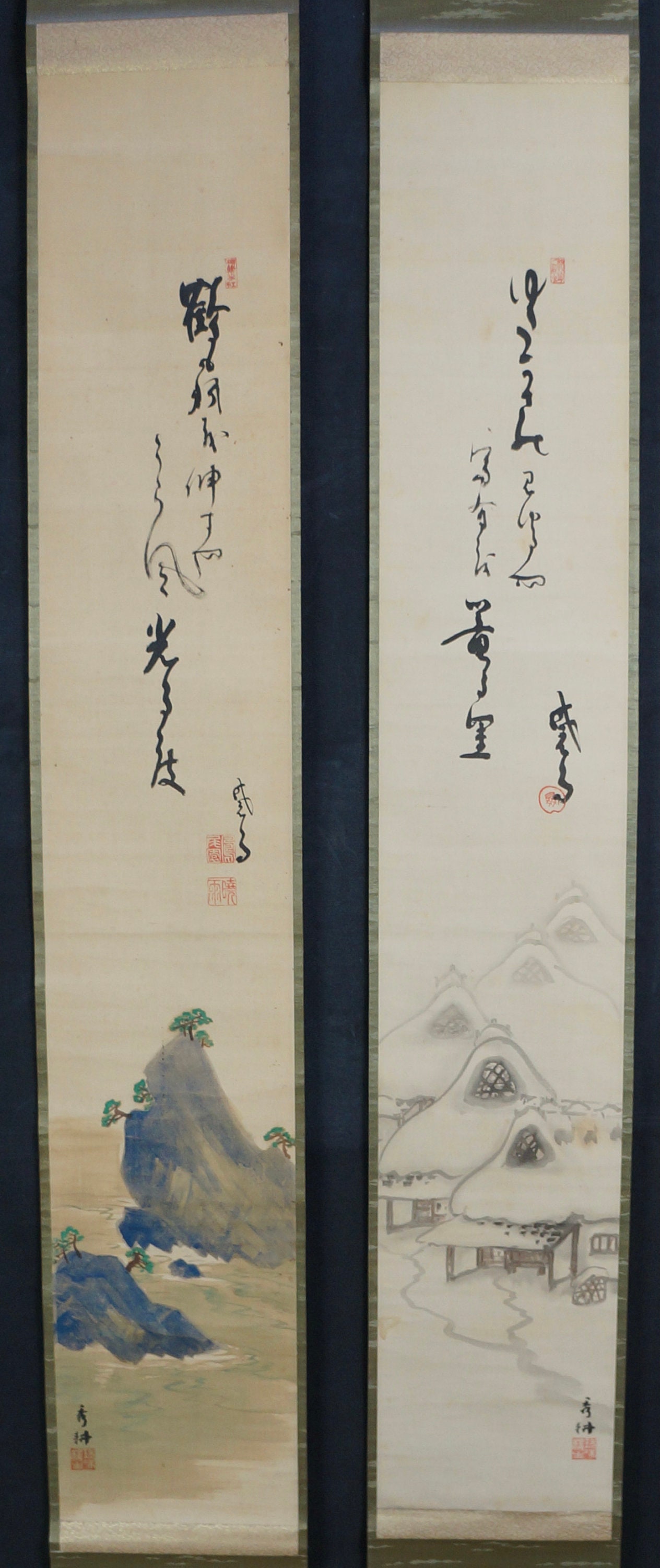 Antique Japan Ink Zen Twin Scrolls Landscape 1900 sumi-e Art