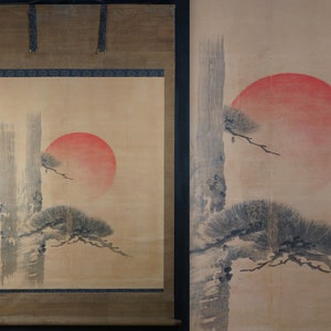 Antique Hinomaru Japan rising sun scroll painting 1880 Kakejiku art Okugawa Hogen