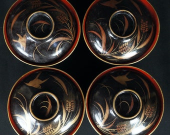 Japan lacquer bowl Owan cups floral Maki-e 1900s Miso bowl