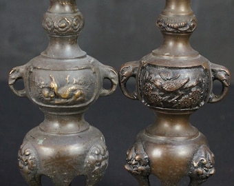 Japan Butsudan bronze candle stand Buddhist shrine 1900 craft