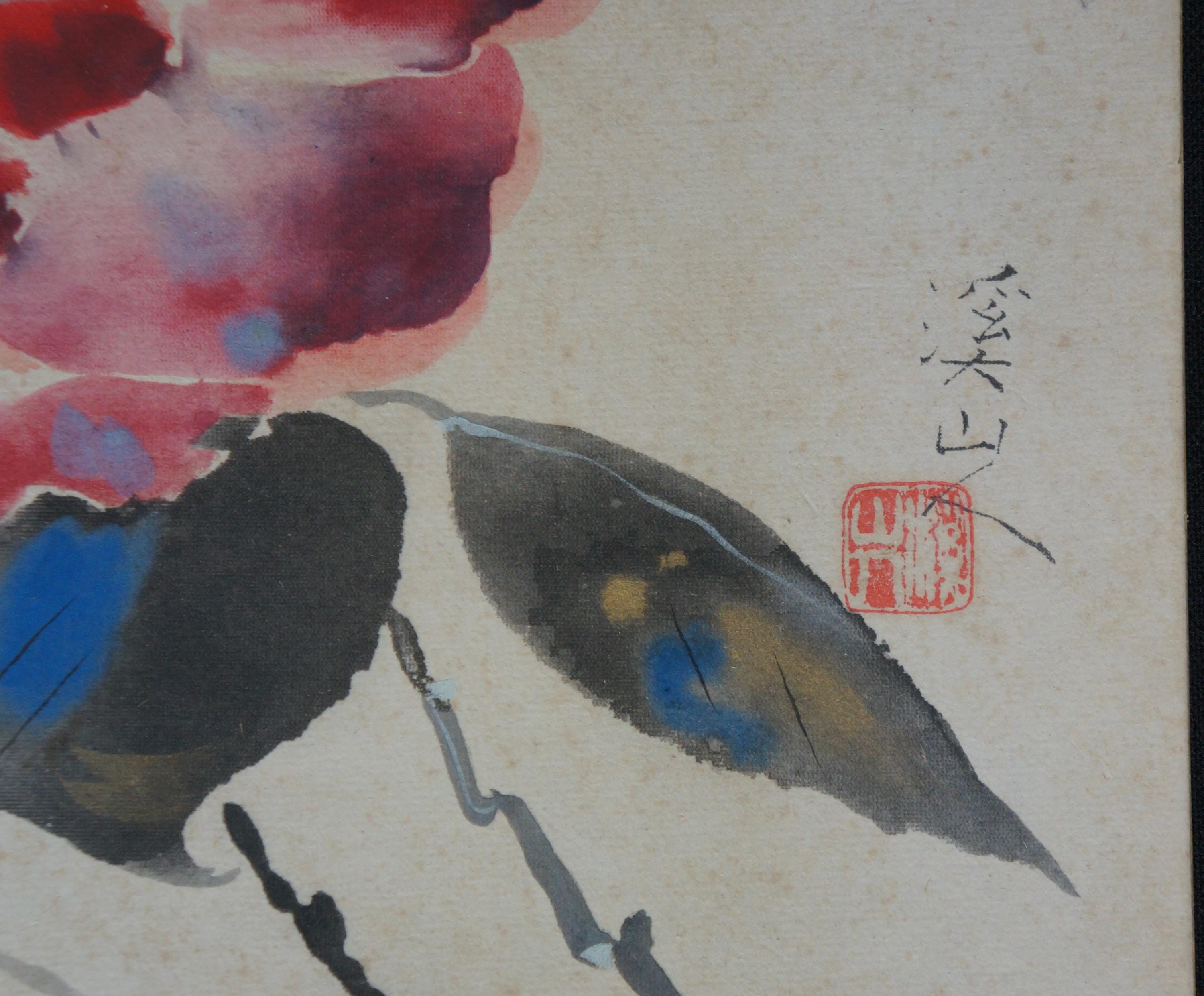色紙に描かれた日本の水彩画「椿」 手工芸品 1980年 - Etsy 日本