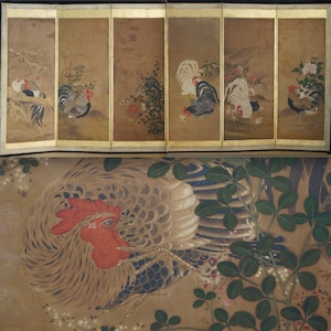 Antique big Japanese Zen painting 1750 Byobu art Japan interior wind screen
