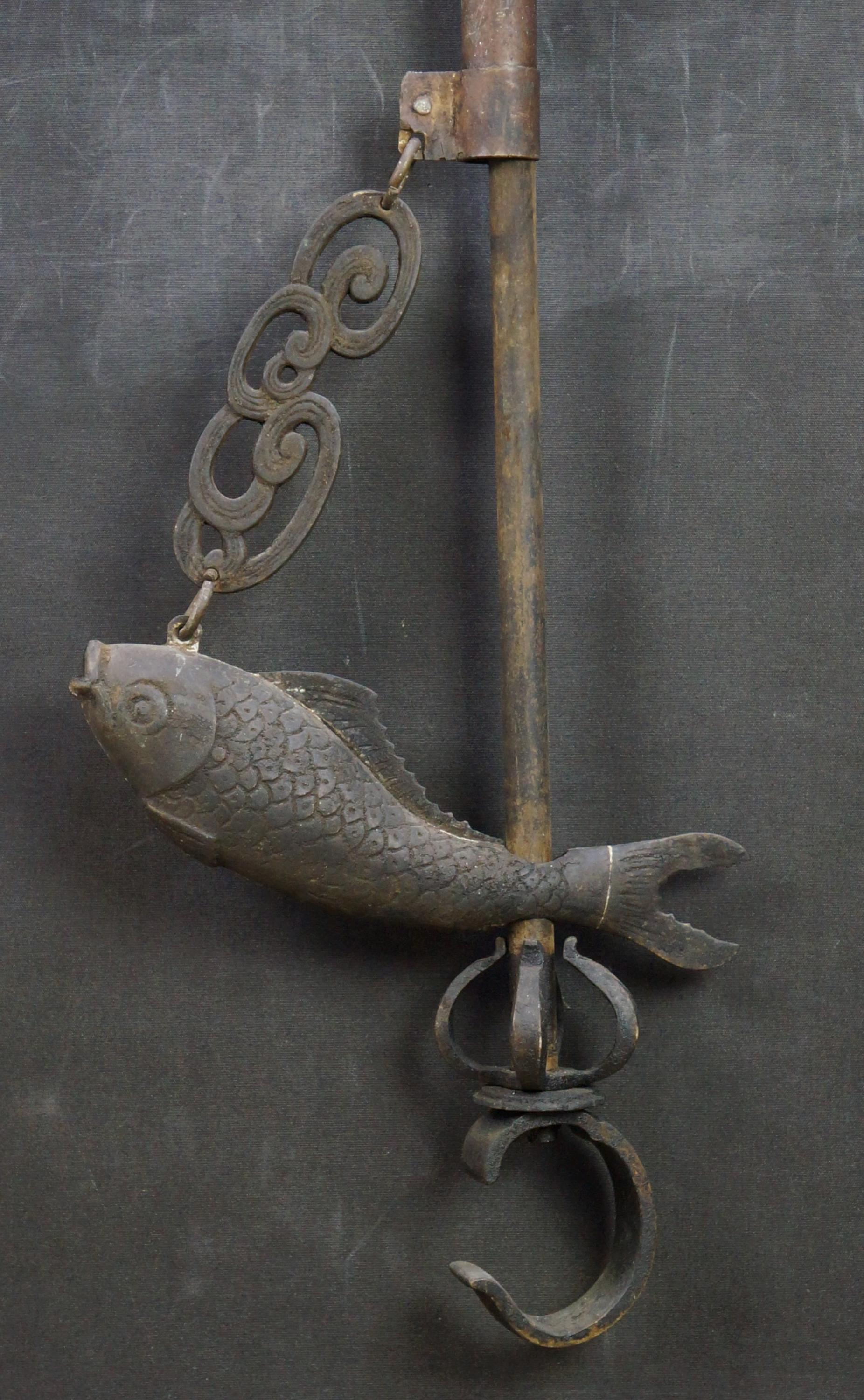 Antique Koi carp Jizai kettle holder rural Japan 1900 bronze craft