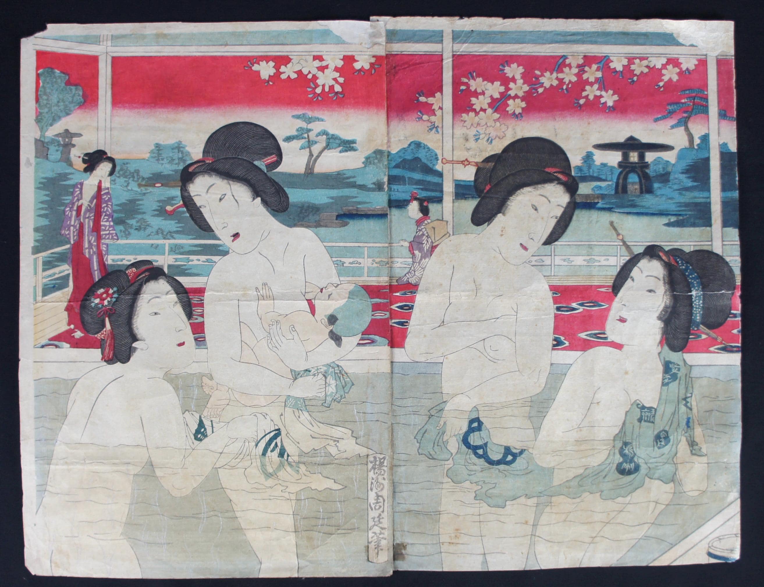 Antique original Onsen Japan woodblock print woman bathing 1860 Kunisada craft