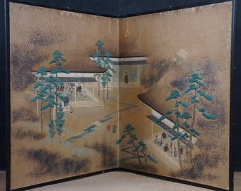 Antique Japan Genji painting folding wind screen 1800 watercolor art