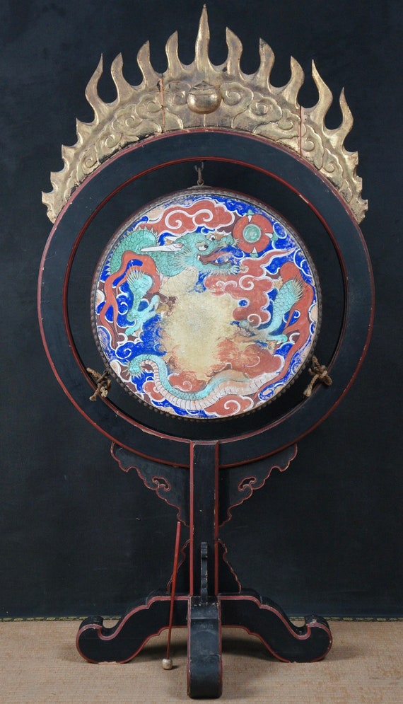 Antique Japan Buddhist temple Taiko dragon drum 1800s esoteric chanting