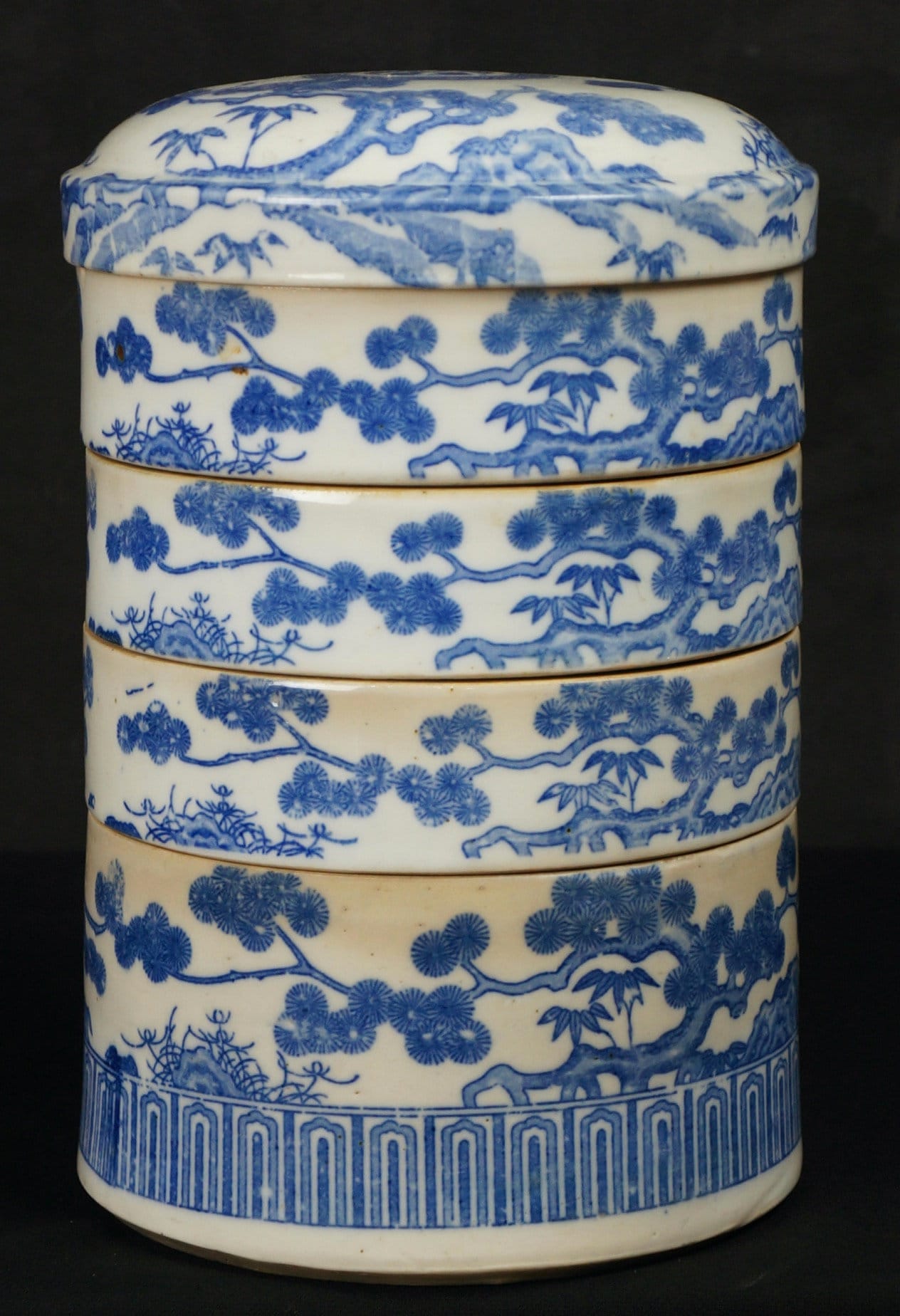 Japanese Ceramic Bento Box Three Tiers Stackable Blue And White 5 1/2x5