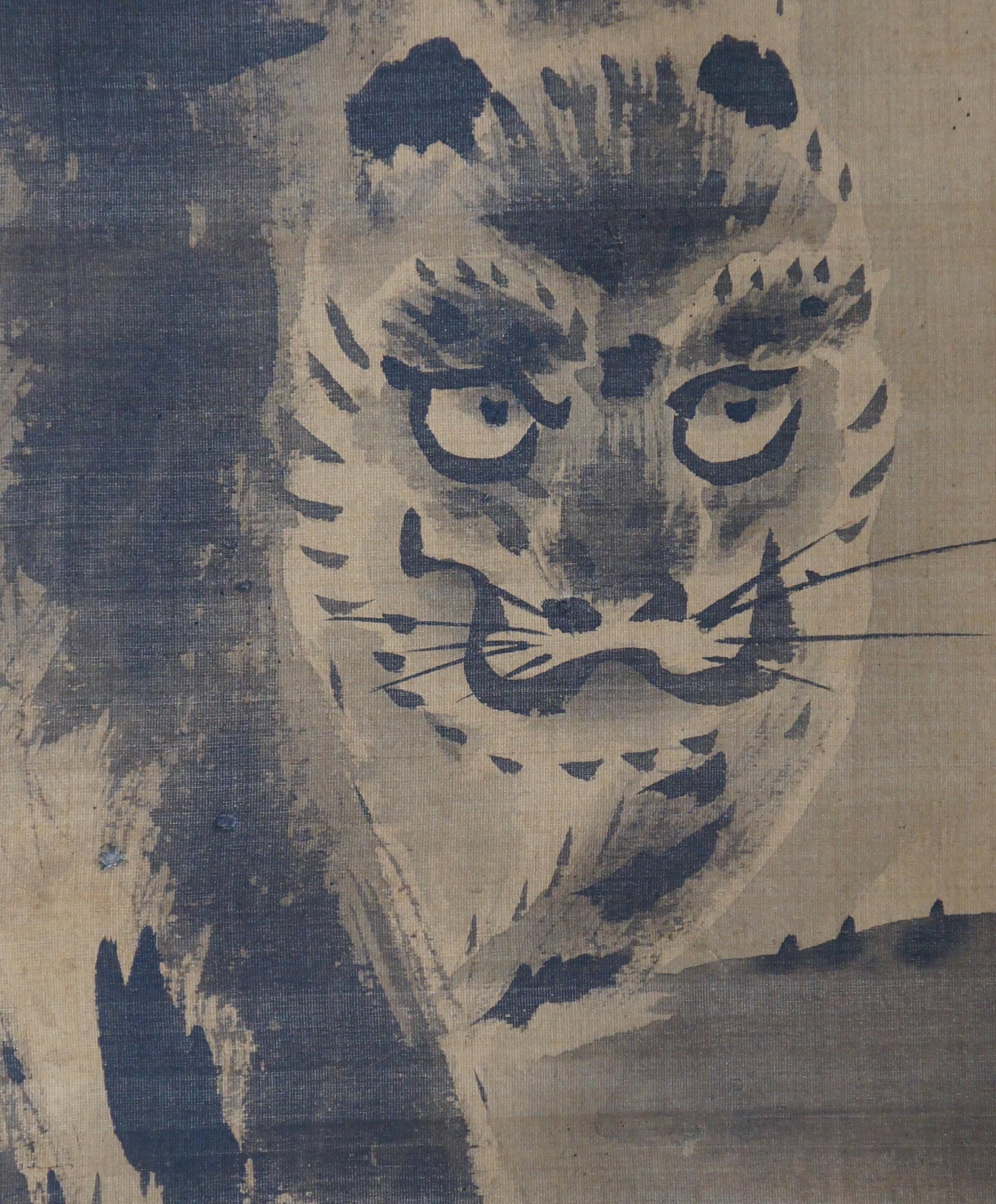 Japan Zen Painting Neko-tora Tiger Cat Art 1800s Painted on Silk