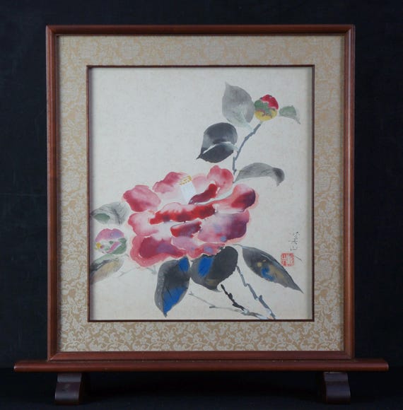 色紙に描かれた日本の水彩画「椿」 手工芸品 1980年 - Etsy 日本