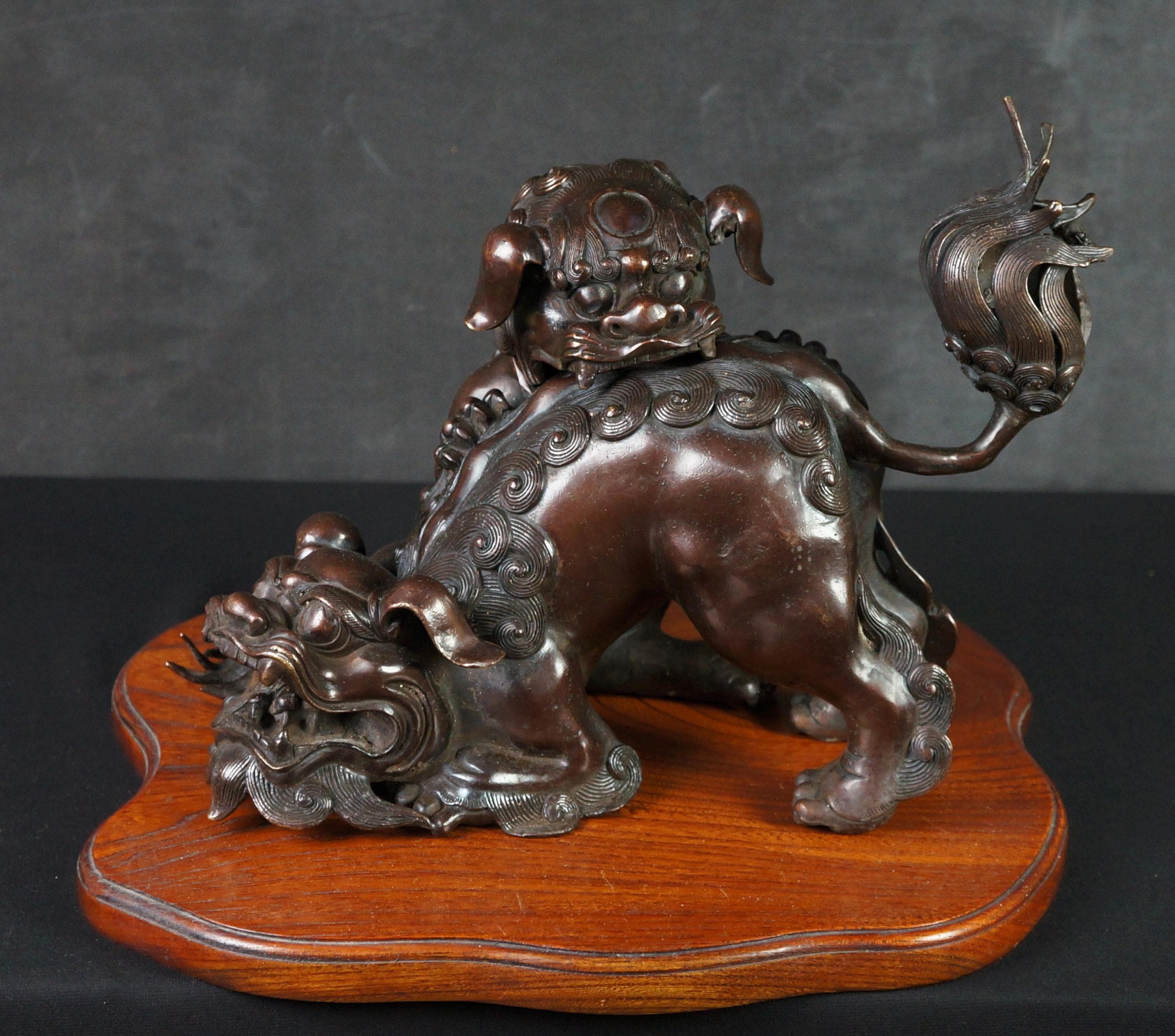 日本製 青銅製 獅子 狛犬 彫刻 香炉 コロロストワックス技法 1900年