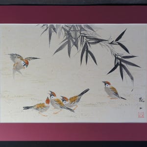 Japan Suzume sparrow and bamboo hand painting on paper 1970 water color