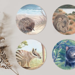 Set van 4 Australische dieren 75 mm vinylstickers - Wombat, Echidna, Numbat, Tasmanian Devil - Australische natuurstickers - Stationair cadeau
