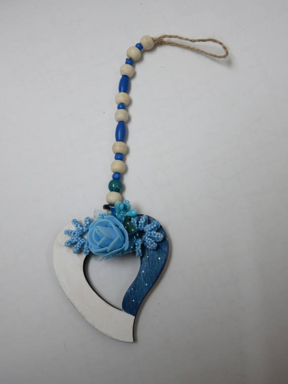 Wooden Blue And White Heart Wall Hanging Flowers Image 0