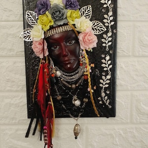 3D Wall Art, Mixed Media: Lady with Flowers and Jewelry