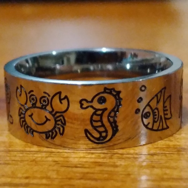 WHR1 Whimsical Ocean Creatures Stainless steel etched & blackened Ring Silver Tone