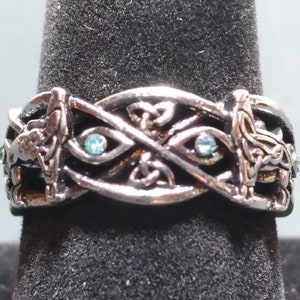 CR2 Celtic Knot Blue Crystals Wolf Ring Viking Inspired Ring Antique Silver Tone