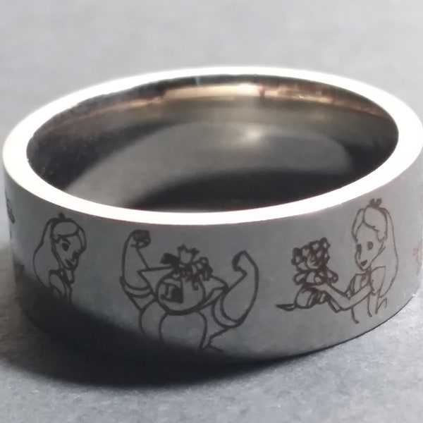 DR6 Alice in Wonderland Disney Ring Etched Titanium Steel Silver