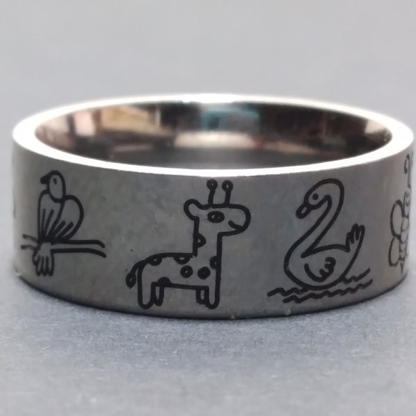 WHR4 Whimsical Living Things Stainless steel etched & blackened Life Ring Silver Tone