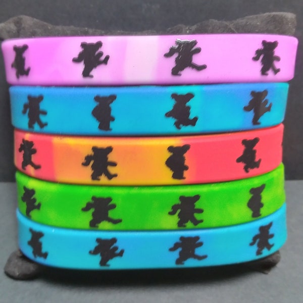 SBGD6a Dancing Bears Silhouette Silicone Bracelet DeadHead Bright Colors Printed Silicone Bracelet