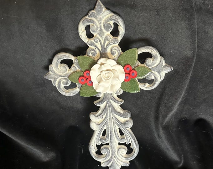 White and Black Cross - White Rose with Red Blossoms and Green Leaves