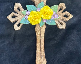Garden Blessings Hand-Carved Cross - Yellow Roses