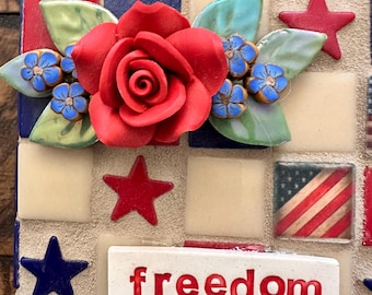 Bright Blocks; Red Rose Patriotic Mosaic with Stars