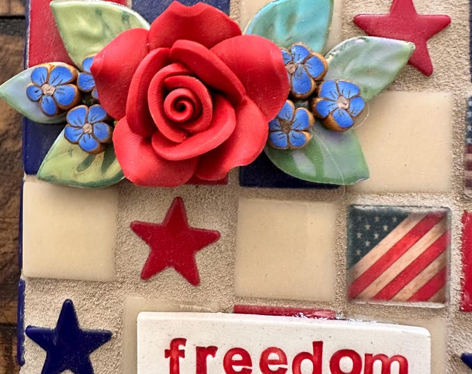 Bright Blocks; Red Rose Patriotic Mosaic with Stars