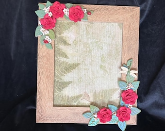 Wood Frame with Red Roses & Dragonfly - 8x10