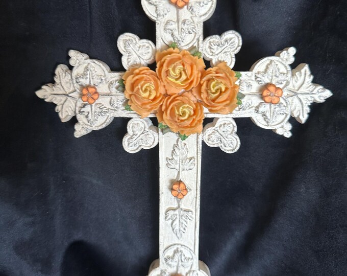 White Ceramic Cross - Golden Roses
