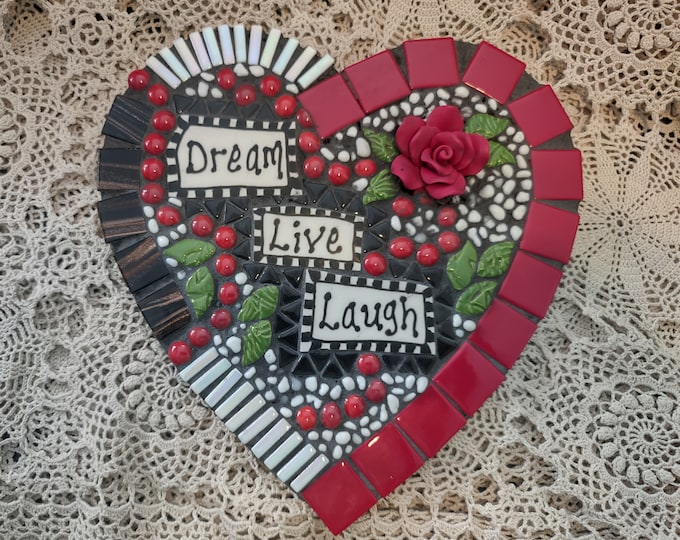 Handmade 9-Inch Mosaic Heart: Dream, Live, Laugh