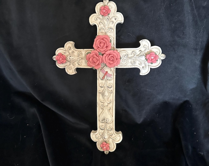 White Ceramic Cross with Pretty Pink Roses