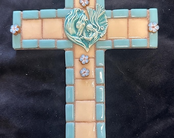 Teal and Ivory Mosaic Cross - Horse Angel