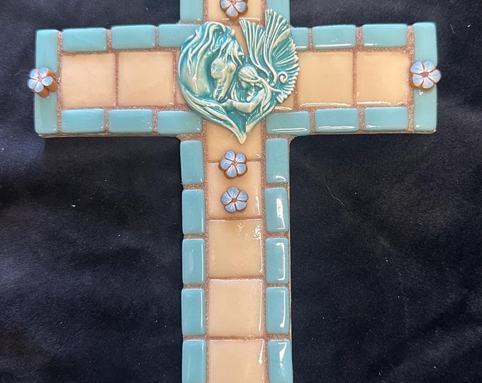 Teal and Ivory Mosaic Cross - Horse Angel