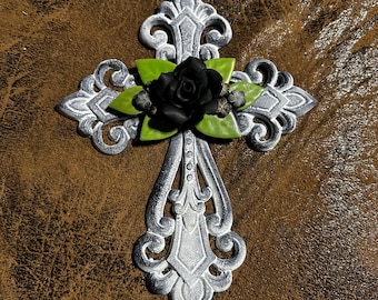 White and Black Cross - Black Rose