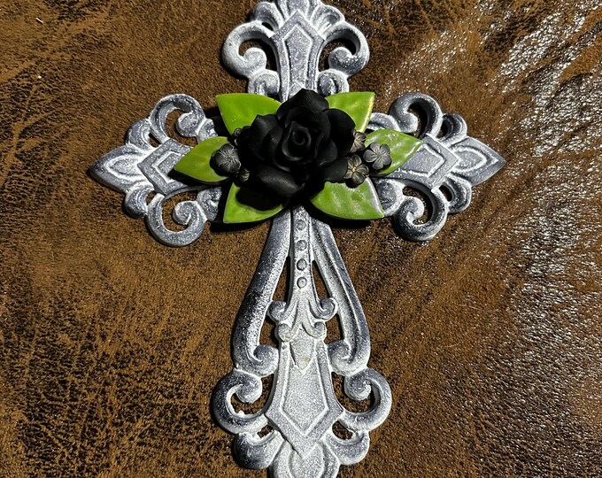 White and Black Cross - Black Rose