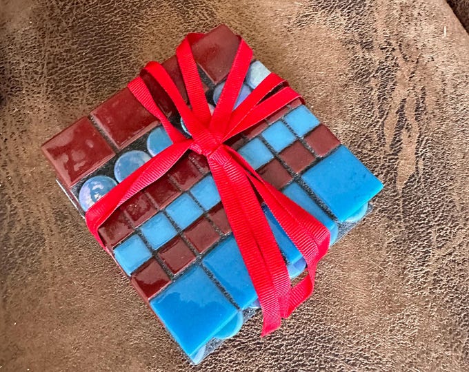Handmade Mosaic Coasters - Set of 4 - Blue & Burgundy