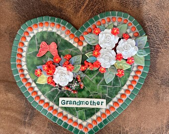 Grandmother Hearts & Butterflies - Handmade Mosaic Heart