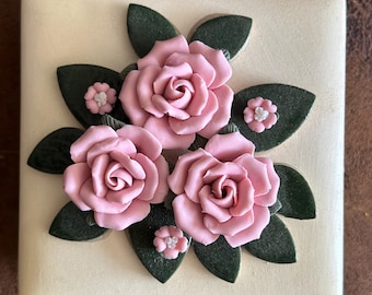 Beautiful Bisque Ceramic 4 Inch Trinket Box w/ Pink Roses and Green Leaves