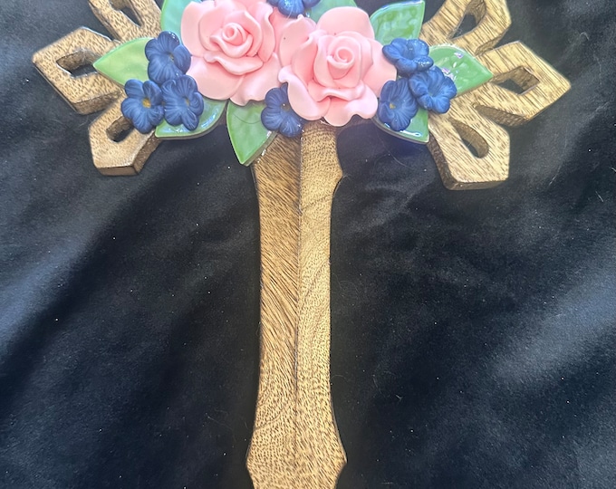 Hand-Carved Wood Cross with Pink Roses