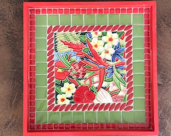 Handmade Mosaic Tray - 10 X 10 - Flowers Bird of Paradise