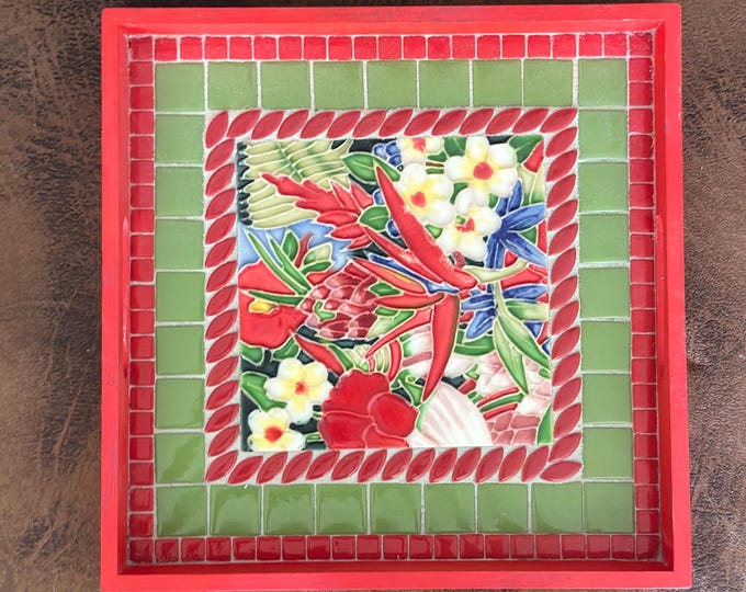 Handmade Mosaic Tray - 10 X 10 - Flowers Bird of Paradise